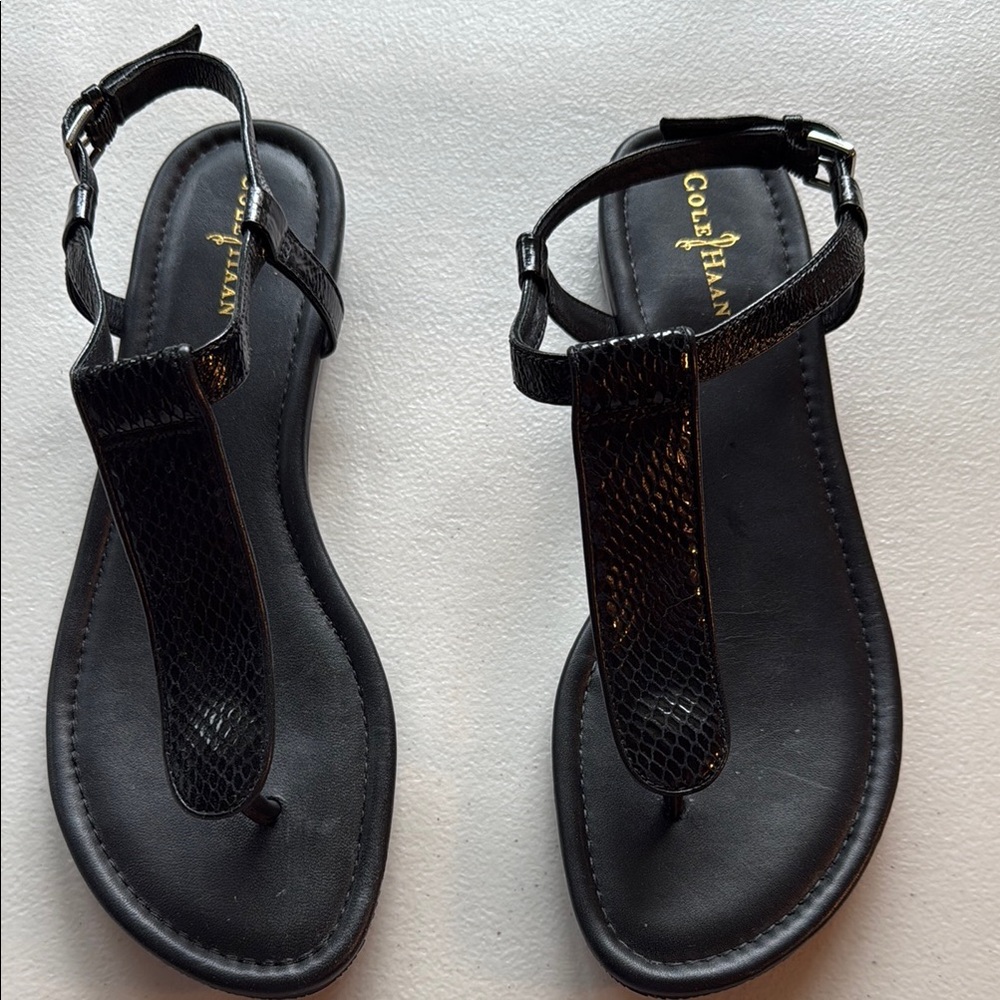 Cole Haan Black Snakeskin T-Strap Thong Sandals 7.5